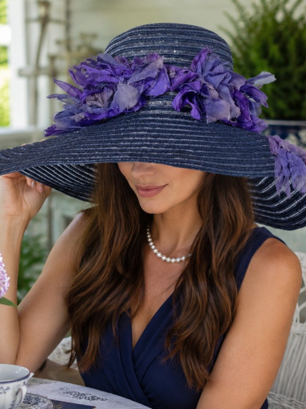 Dramatic Navy Wide Brim Sun Hat Purple Flowers Tea Party Derby Statement Hat